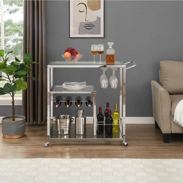 16 Bottle Sliver Metal 3 Tier Mobile Kitchen Serving Cart with