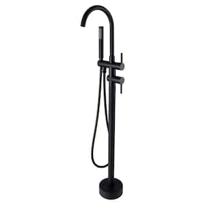 2-Handle Floor Mount Freestanding Tub Faucet with Hand Shower in Matte Black