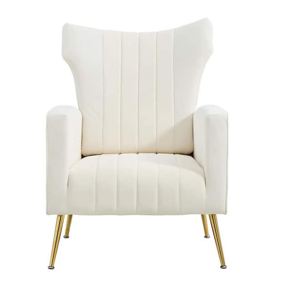 29.9 in. White Velvet Armchair, Wingback Reading Chair with Gold Metal ...