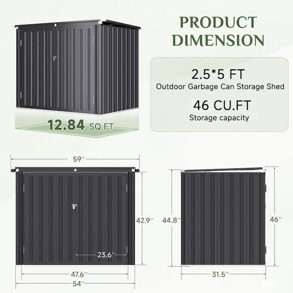 5 ft. W x 3 ft. D Outdoor Trash Can Storage Shed, 46 cu. ft Metal Garbage Bin with Lift-Up Lid, Grey (15 sq. ft.)