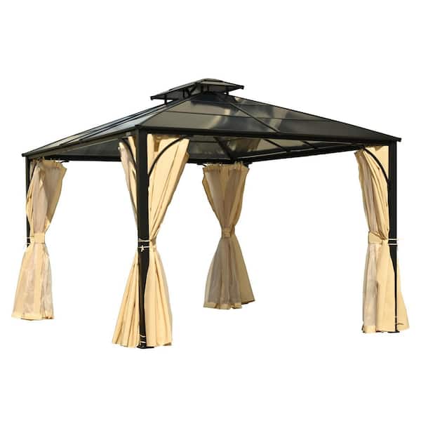 10 ft. x 12 ft. Outdoor Beige Hardtop Gazebo with Heavy Duty Double Roof and Double-Layer Mosquito Netting for Patio