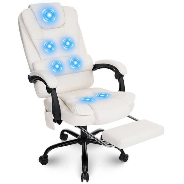 Faux Leather Massage Executive Chair with Lumbar Support Ergonomic Office Chair in White with Footrest