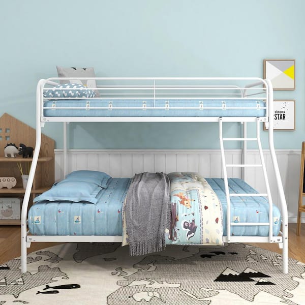 White Metal Twin Size Bunk Bed with Heavy Duty Space Saving with Guardrail No Box Spring Needed