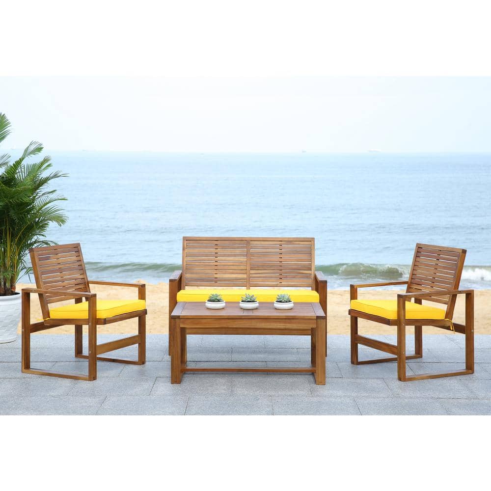 Ozark Brown Acacia 4-Piece Outdoor Patio Set with Yellow Cushions