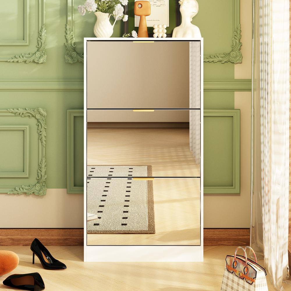 White Wood Shoe Storage Cabinet with 3-Mirrored Drawers Shoe Organizer for Entryway Bedroom Hallway price history on PriceWatchPro