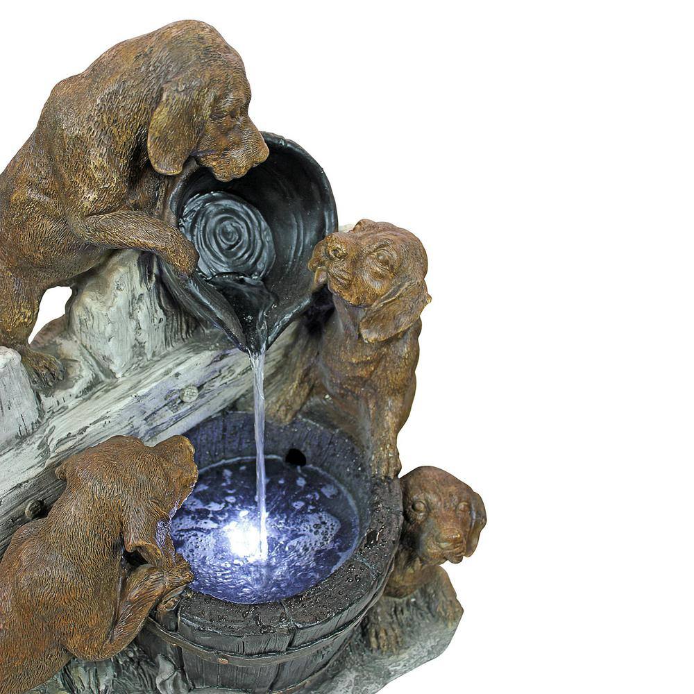 Solar Powered Resin Puppy Pail Pour Garden Fountain with LED Lights