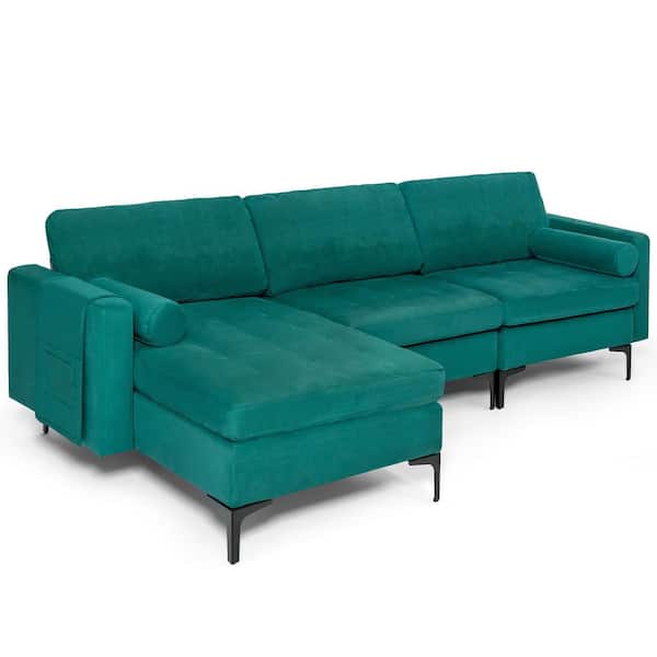 Costway 97 in. W Square Arm 3-Piece Suede Modular Sectional Sofa in Blue with Socket USB Ports and Side Storage Pocket