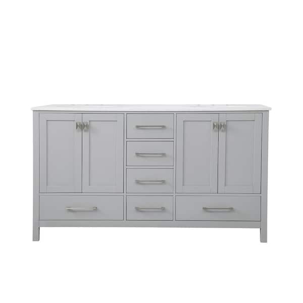 Unbranded Timeless Home 60 in. W x 22 in. D x 34 in. H Double Bathroom Vanity in Gray w/ Calacatta Engineered Stone w/ White Basin