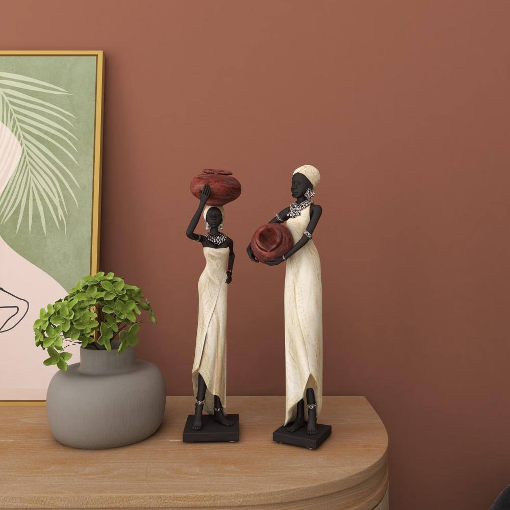 16" Cream Resin African Woman Figurines with Red Water Pots, Set of 2
