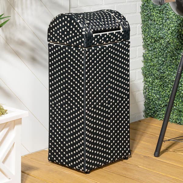 Darla 14.27 Gal. All-Weather Wicker/Metal Swing Top Lid Hideaway Outdoor Trash Can, Dark Navy/White