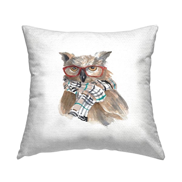 Stupell Industries Intelligent Owl Red Glasses Plaid Scarf Brown Square Outdoor Throw Pillow