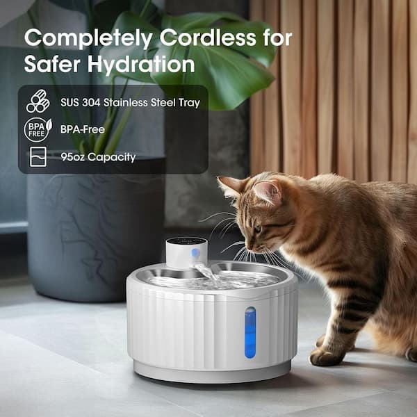 N/A Wireless Cat Water Fountain 95 oz. Battery Operated Pet Fountain Stainless Steel Tray Motion Sensor Quiet Pump White