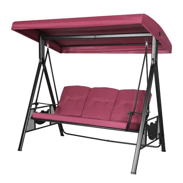 VEIKOUS 3-Seat Converting Canopy Patio Swing Steel Lounge Chair with Cushions in Wine Red