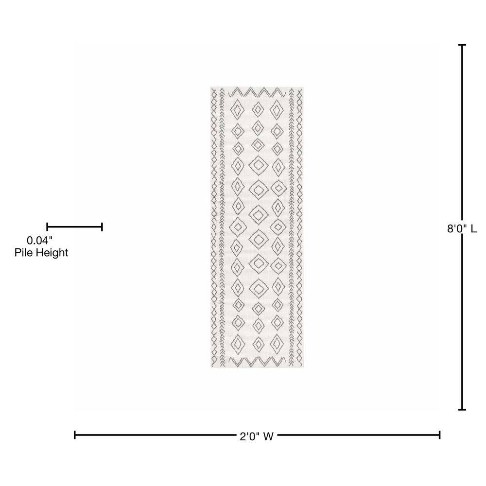 Ivory and Dark Grey Synthetic Geometric Runner Rug, 2' x 8'