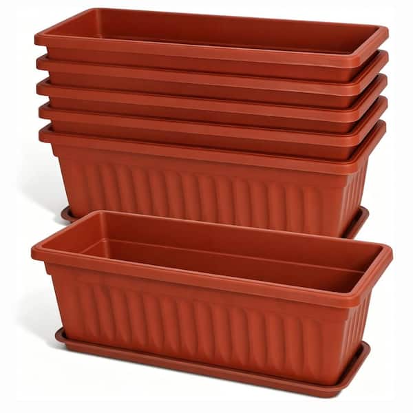 6 Packs 17 Inches Rectangle Planters Box with Drainage Holes and Trays,Planters for Window,Brick Red