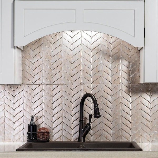 Fasade Cheveron 24.25 in. x 18.25 in. Vinyl Backsplash in Brushed Nickel