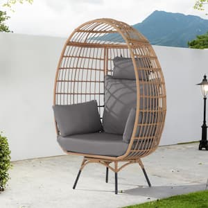 Patio Wicker Swivel Egg Chair, Oversized Indoor Outdoor Egg Chair, Brown Ratten Gray Cushions