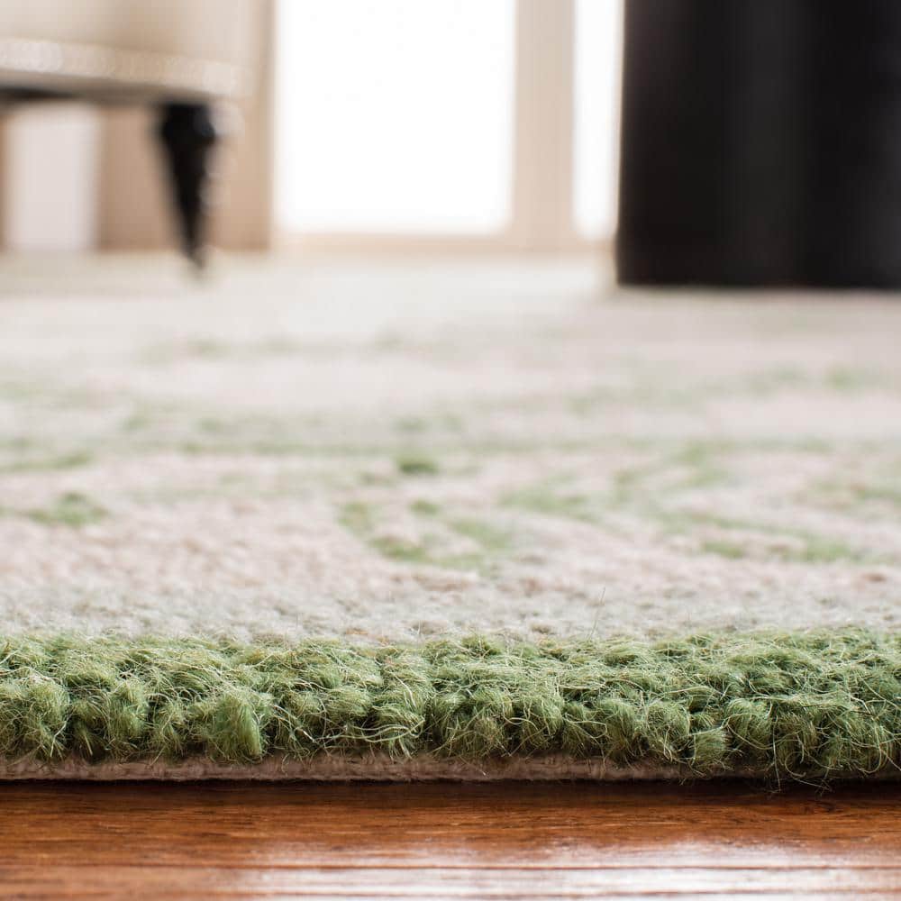 Ivory and Light Green Wool Floral Tufted Runner Rug, 2'6" x 12'