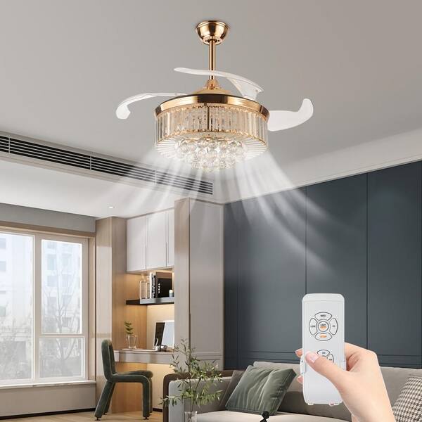 EAYSG 36'' Modern Ceiling Fans with Lights, Remote Control LED 3 Colors 3  Speeds Retractable Invisible Blades - Crystal Chandelier(Golden) 