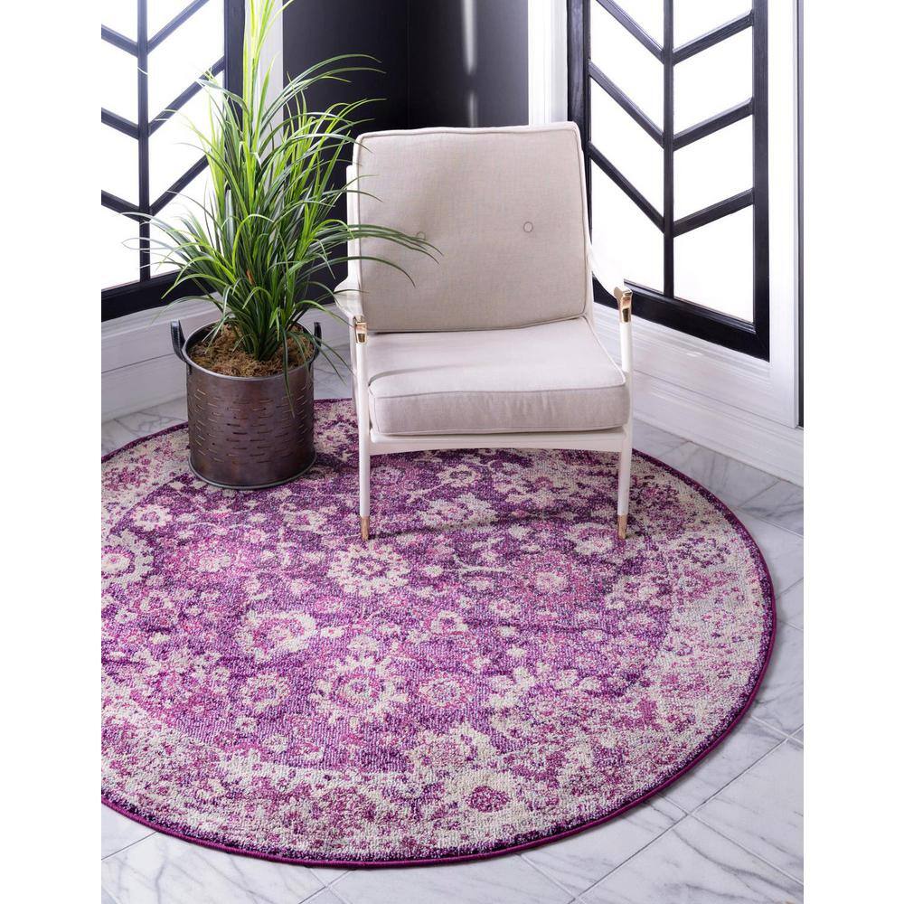 Krystle Round Purple Floral Synthetic Indoor Rug