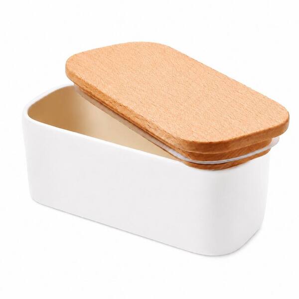 White Porcelain Butter Dish with Beech Wood Lid, Airtight Countertop Keeper for Kitchen Storage, 6.2 in