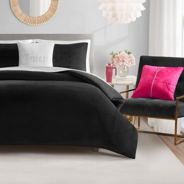 JUICY COUTURE Solid Velour 5-Piece Black Solid Color Polyester King Comforter Set
