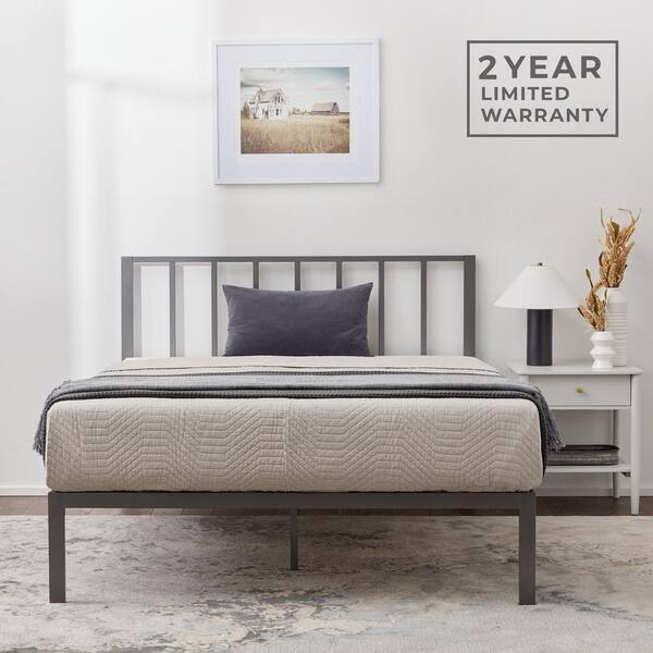 King Metal Bed Gray Bedframe Headboard Slats Bedstead Modern Bedroom Furniture 