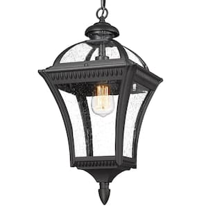 20.7 in. 1-Light Black Dimmable Outdoor Pendant Light with Seeded Glass and No Bulbs Included