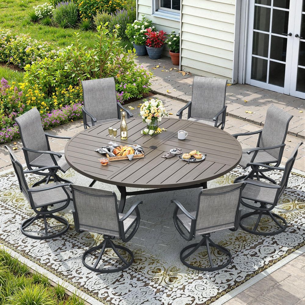 9-Piece Metal Patio Dining Set with 59.8 in. Grey Wood-Like Round Dining Table and 8 Grey Textilene Swivel Dining Chairs price history on PriceWatchPro