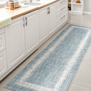 Scandi Minimalist Border Aqua/Ivory 2 ft. x 10 ft. Indoor/Outdoor Runner Rug