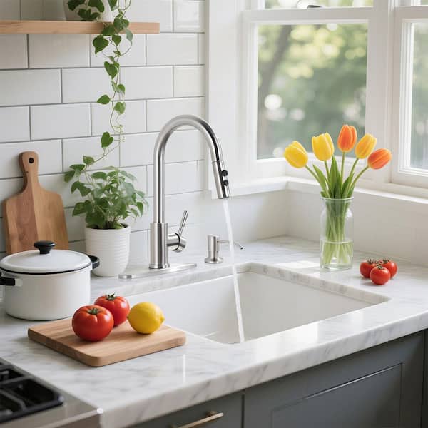 Single Handle Pull Down Sprayer Kitchen Faucet with Soap Dispenser in Brushed Nickel