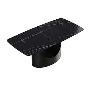 70.87 in. Black Sintered Stone Rectangle Top Pedestal Black Carbon Steel Legs Dining Table (Seats 6)