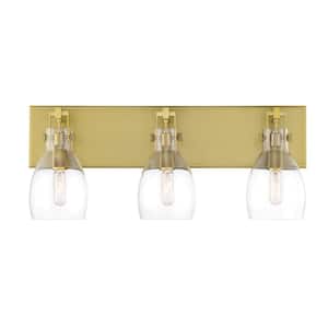 Tiberia 22 in. wide 3-Light Soft Brass Vanity Light with Clear Glass Shade