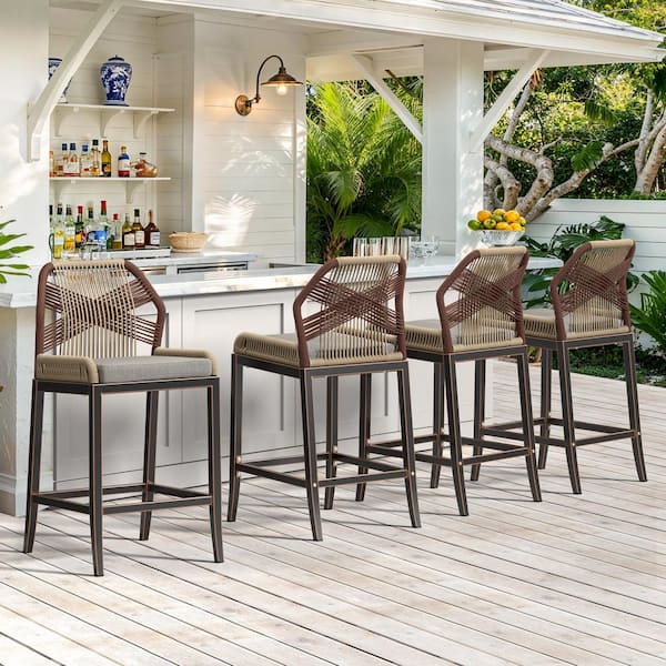 cozyman Shanks Rattan Aluminum Frame Black Modern Boho Counter Height Outdoor Bar Stool with Woven Rope Back (Set of 4)