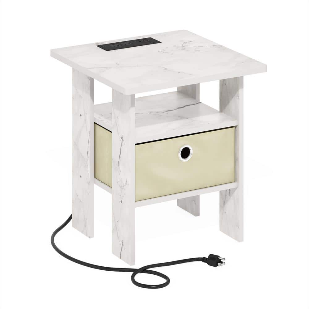 Marble White Charging Station End Table with Storage Bin