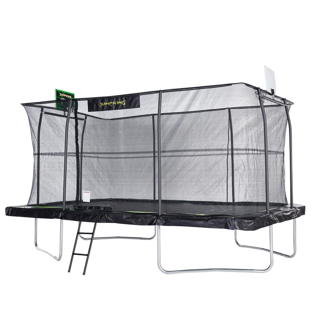 Black Rectangular Steel Trampoline with Enclosure and Basketball Hoop