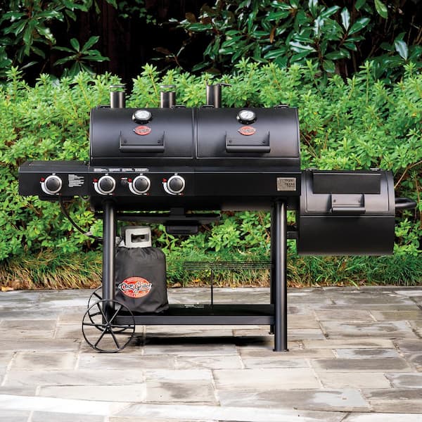 Char-Griller Texas Trio 4-Burner Dual Fuel Grill with Smoker in Black 3070  - The Home Depot