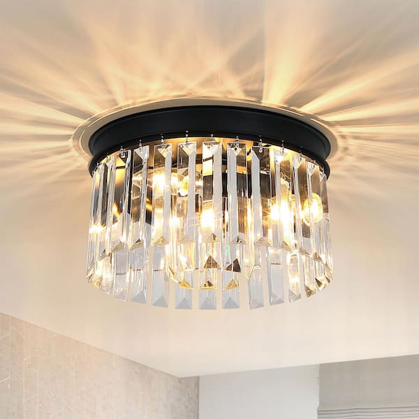 pasentel 12 in. 3-Light Modern Black Round Flush Mount Ceiling Light with 2 Tiers Clear Crystal Shades
