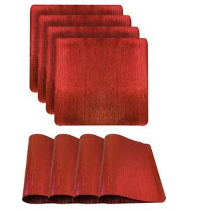 Galaxy Metallic 15 in. x 15 in. Red Vinyl Smooth Linear Striped Textured Reversible Rectangular Placemat Set of 4