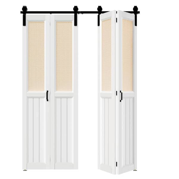 TENONER 60 in. x 84 in. (30 in. W Doors x 2) White, Webbing & Wood, MDF, Bi-Fold Style Sliding Barn Door with Hardware Kit