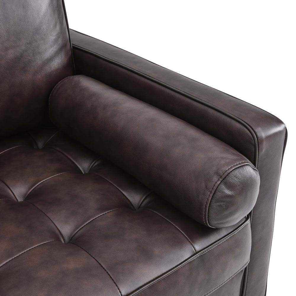 Brown Leather and Walnut Wood Mid-Century Accent Chair