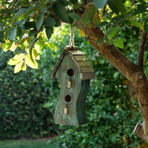 17 in. Tall Outdoor Artful Swirly Hanging Wooden Birdhouse, Green