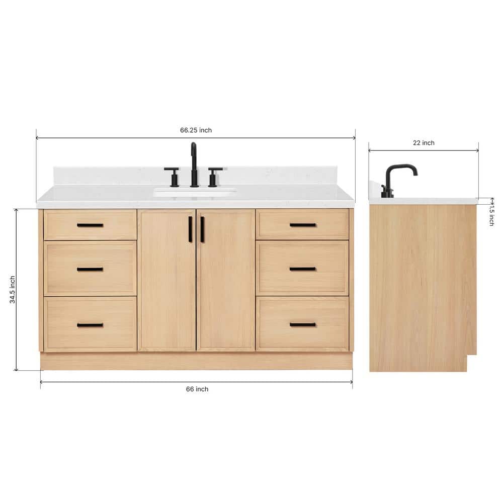 Kelly 66" Light Oak Freestanding Vanity with Carrara Quartz Top