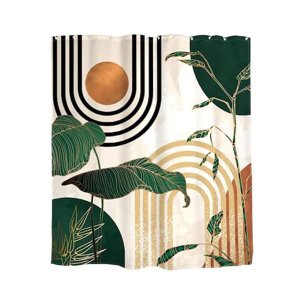 Unbranded Green Boho Shower Curtain 60 x 72 Abstract Retro Mid Century Bathroom Decor with 12 Hooks Minimalist Tropical Polyester