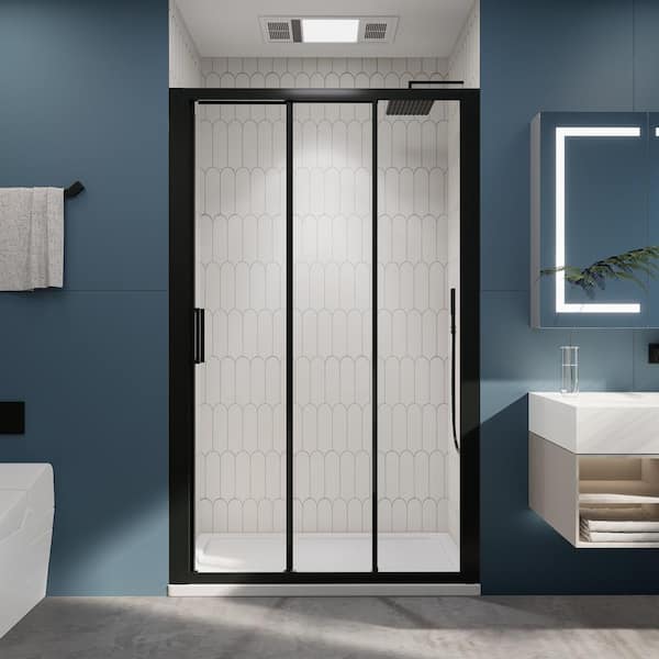48 in. W x 72 in. H 3-Panel Sliding Semi Frameless Shower Door in Matte Black Finish with Clear Glass