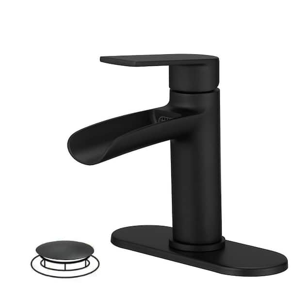 HOMEMYSTIQUE Single Handle Waterfall Bathroom Faucet in Matte Black with Deck Plate and Drain