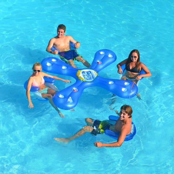 Pool Island Float 4-Person Sun Seat Inflatable Blue Finish with 12 Drink Holders 