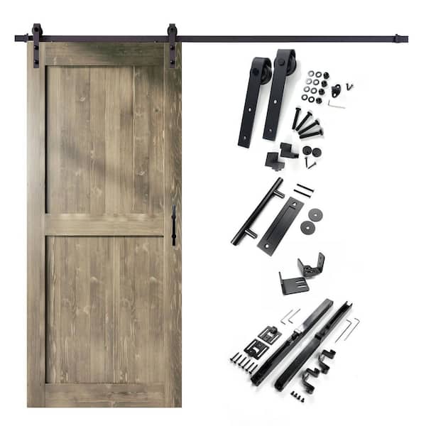 HOMACER 46 in. x 84 in. H-Frame Classic Gray Solid Pine Wood Interior Sliding Barn Door with Hardware Kit Non-Bypass