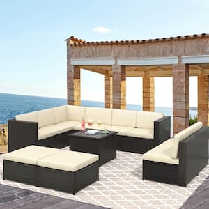 Brown 9-Piece Wicker Patio Conversation Set with Beige Cushions, Ottoman and Side Table