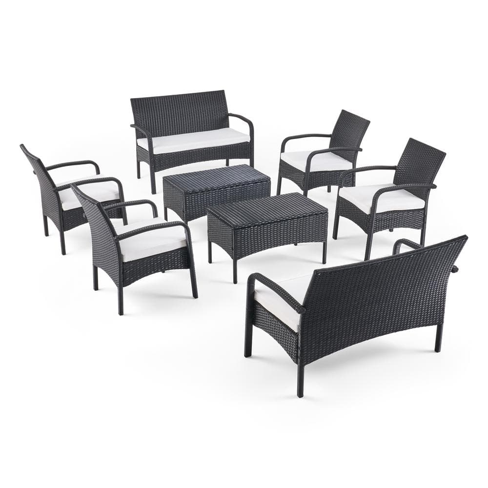 Noble House Cordoba Black 8Piece Faux Rattan Patio Conversation